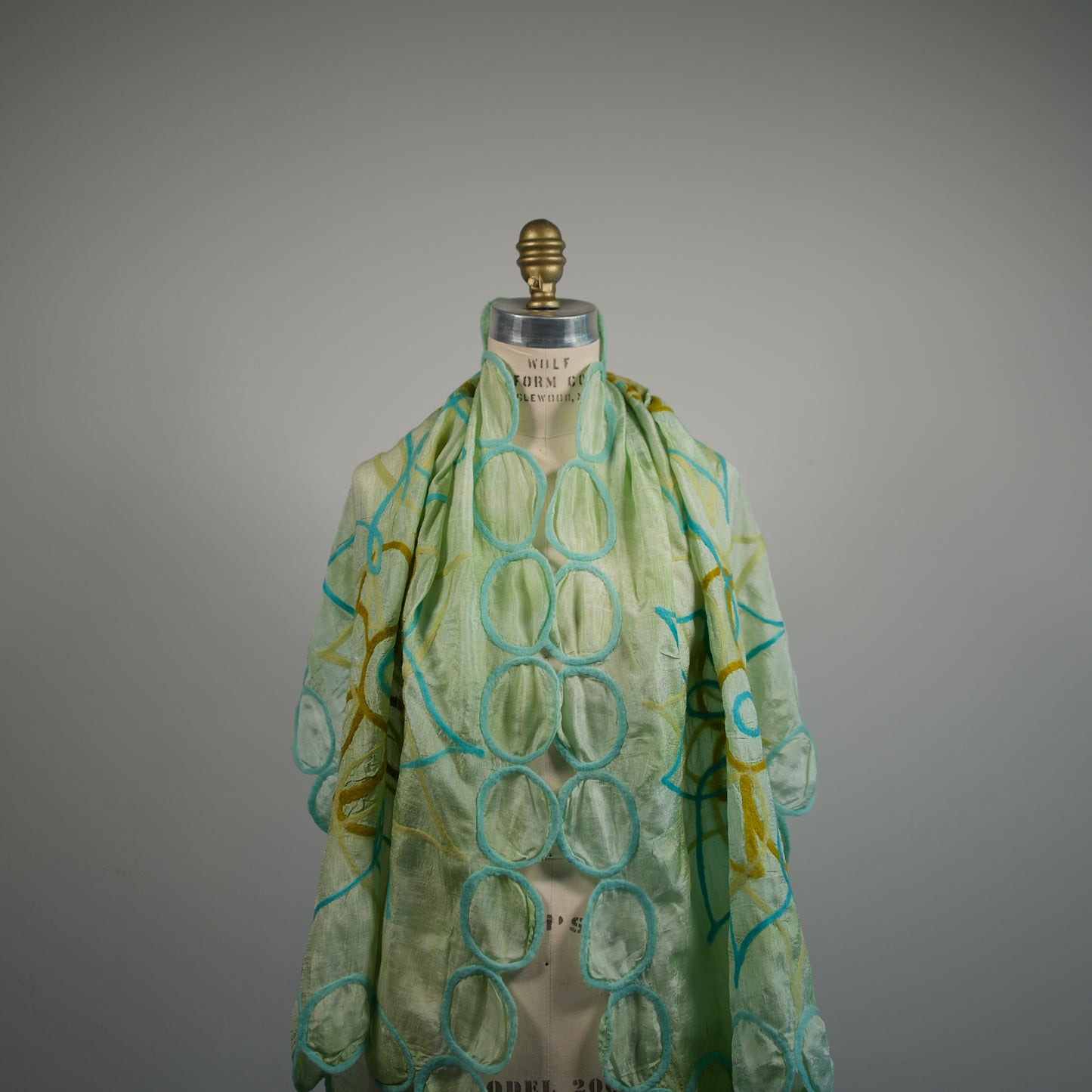 Green Silk Scarf with Felt Ornaments