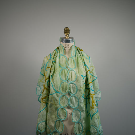 Green Silk Scarf with Felt Ornaments