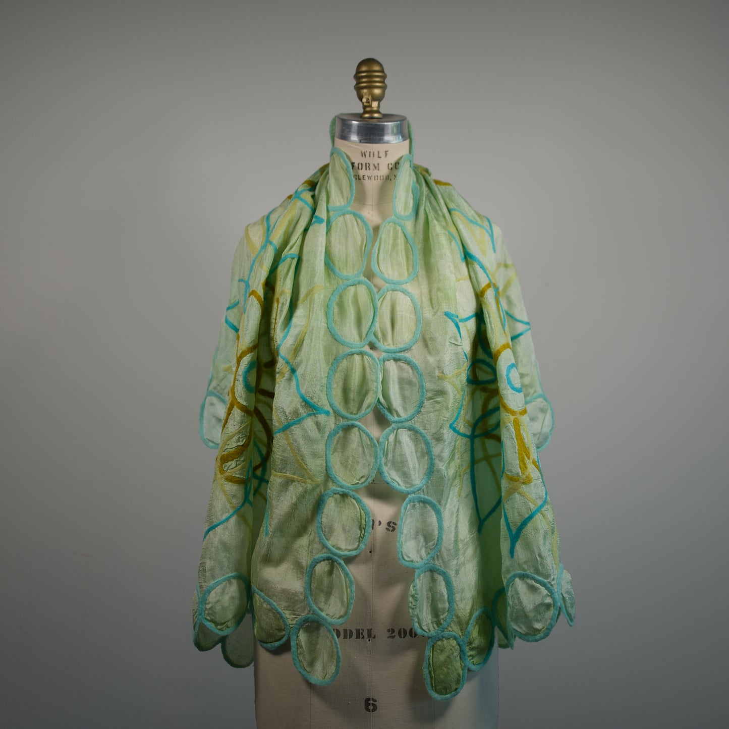 Green Silk Scarf with Felt Ornaments