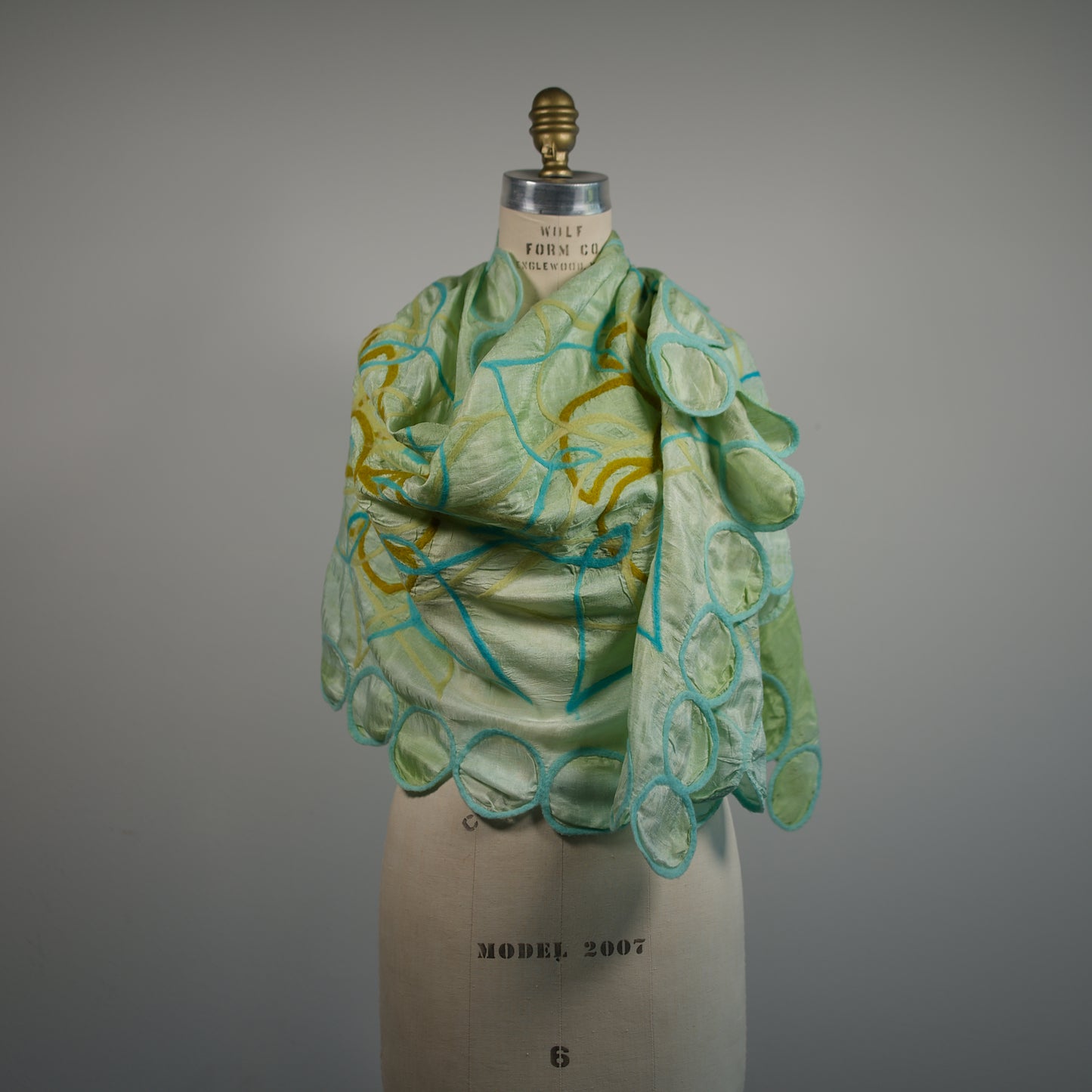 Green Silk Scarf with Felt Ornaments