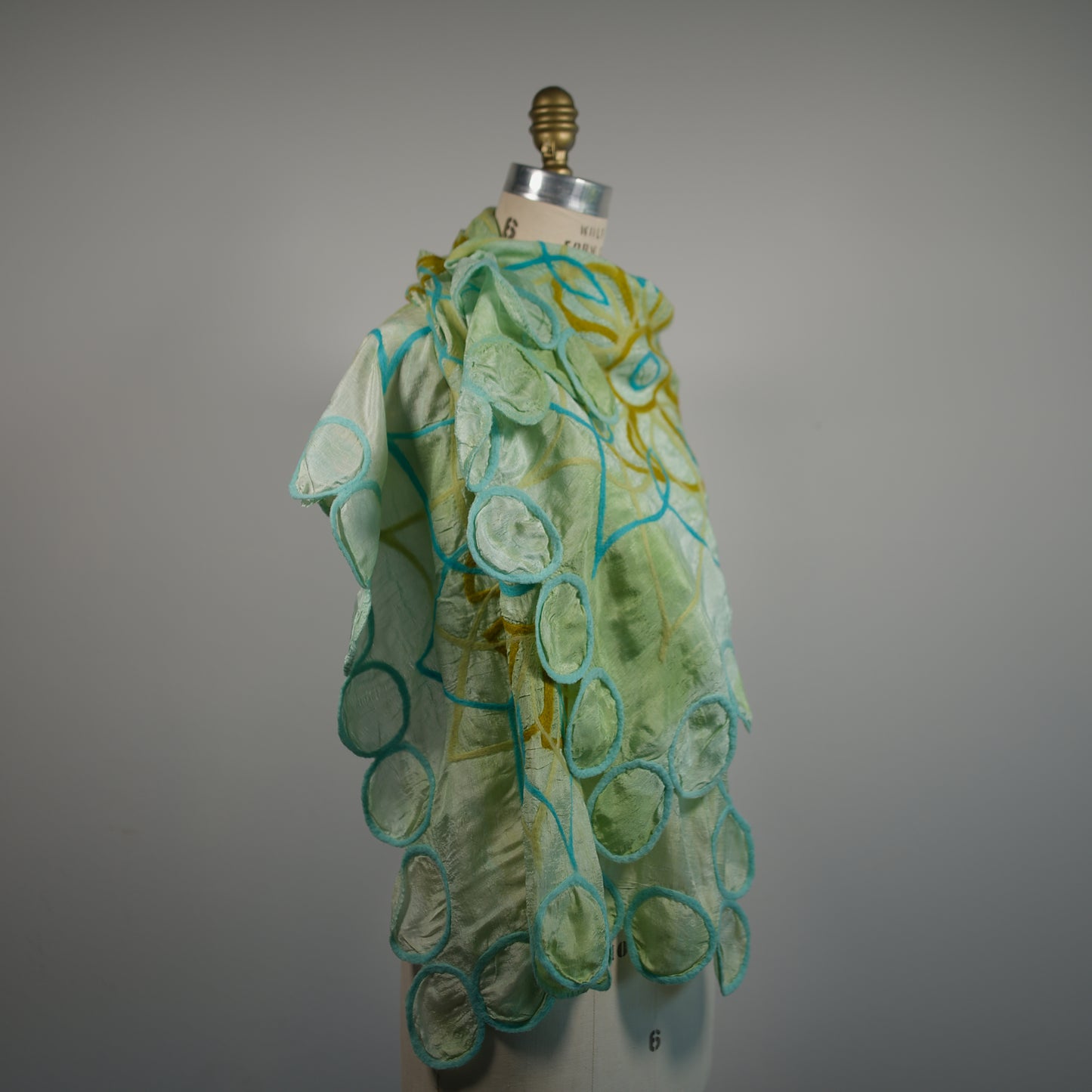 Green Silk Scarf with Felt Ornaments