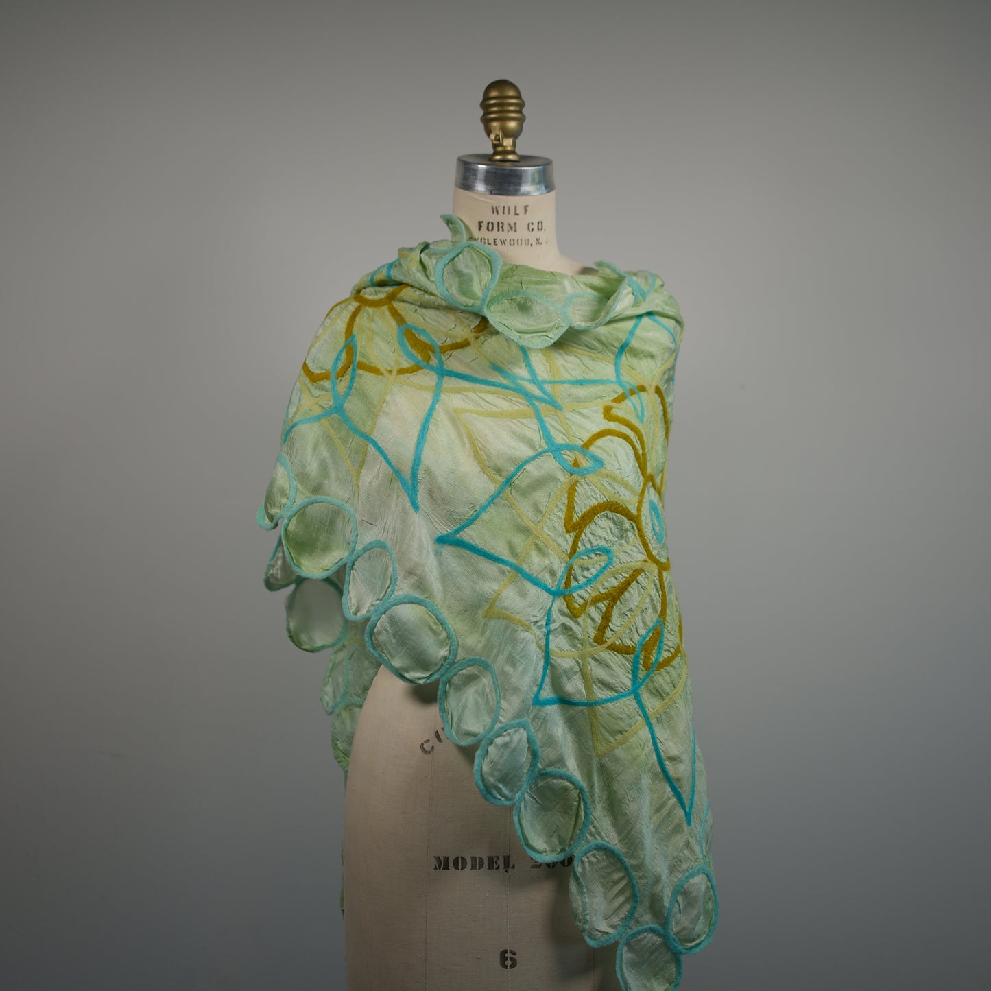 Green Silk Scarf with Felt Ornaments