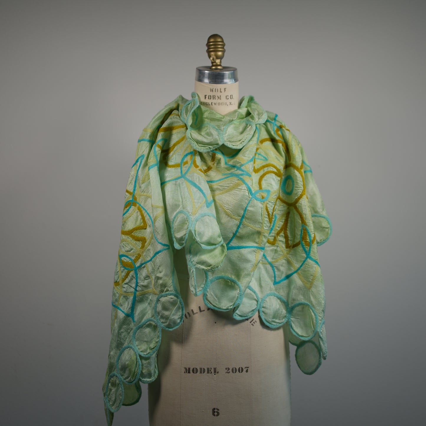 Green Silk Scarf with Felt Ornaments