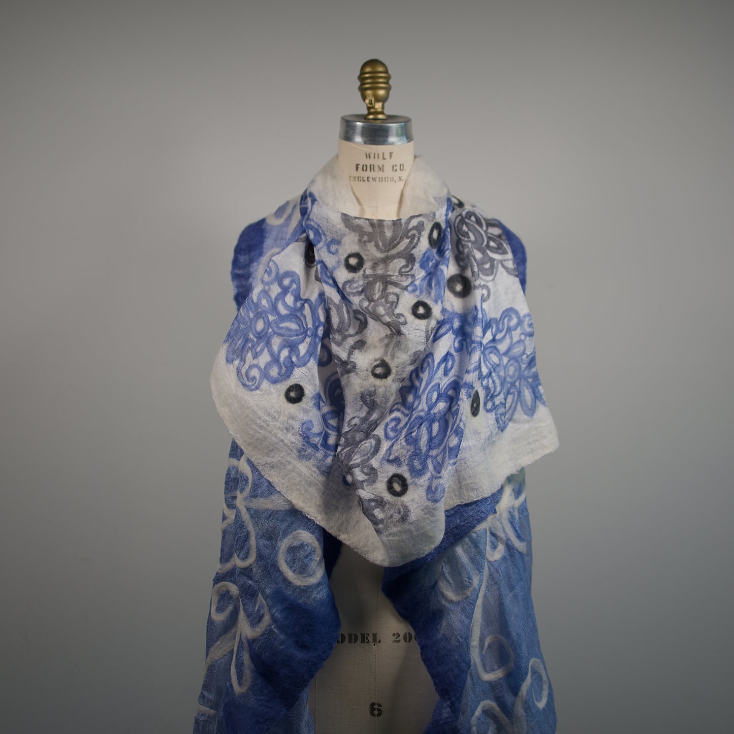 Blue and White Silk Shawl with Floral Wool Ornaments