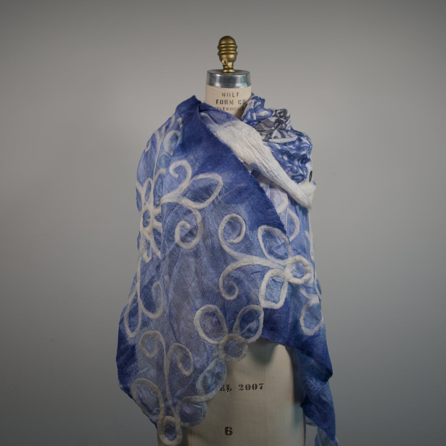 Blue and White Silk Shawl with Floral Wool Ornaments