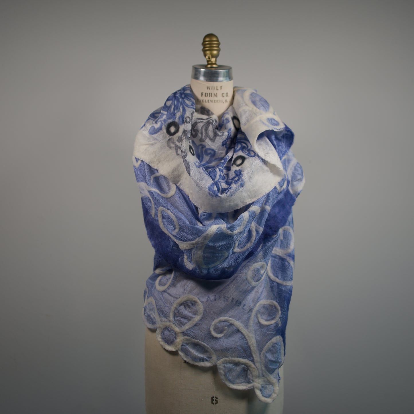 Blue and White Silk Shawl with Floral Wool Ornaments