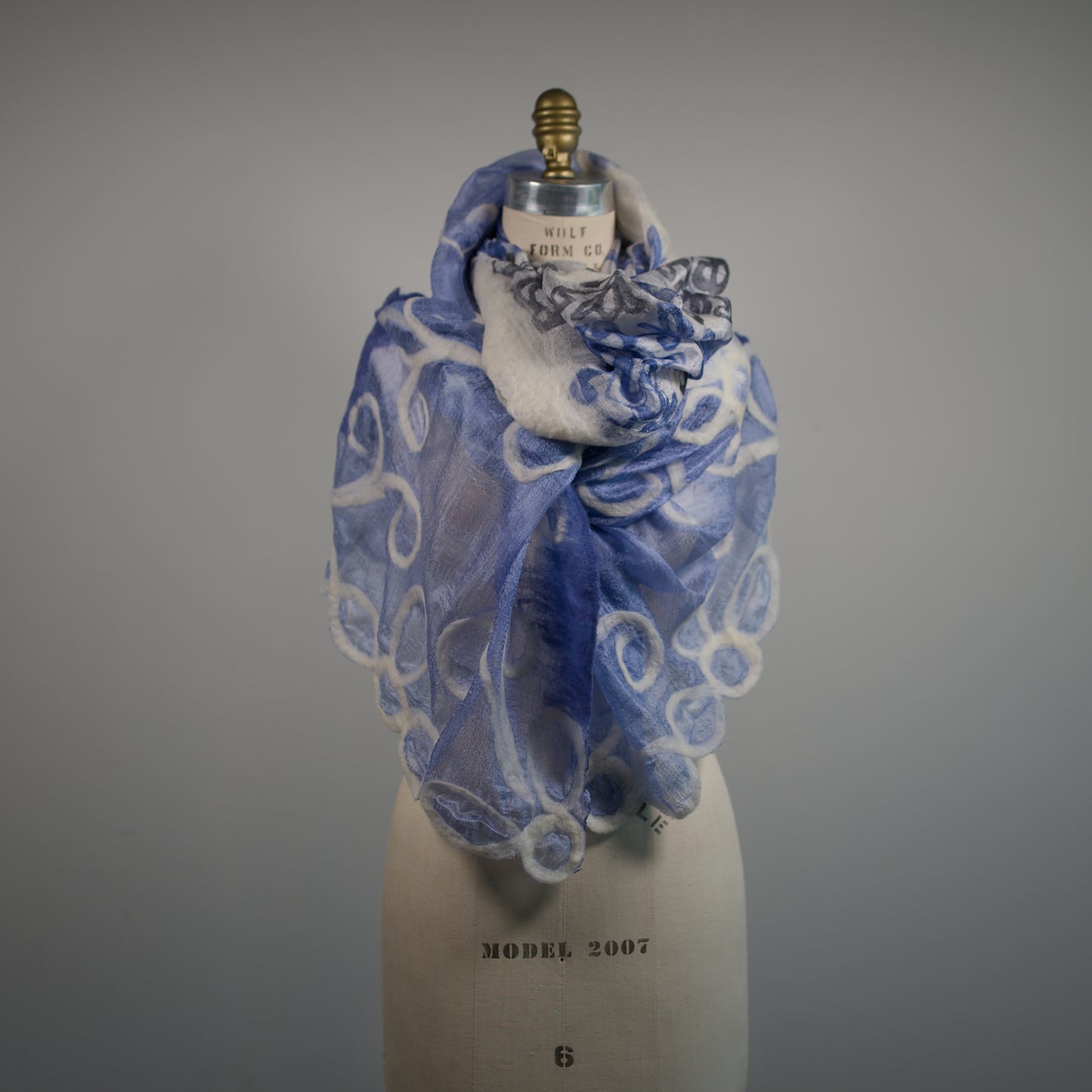 Blue and White Silk Shawl with Floral Wool Ornaments
