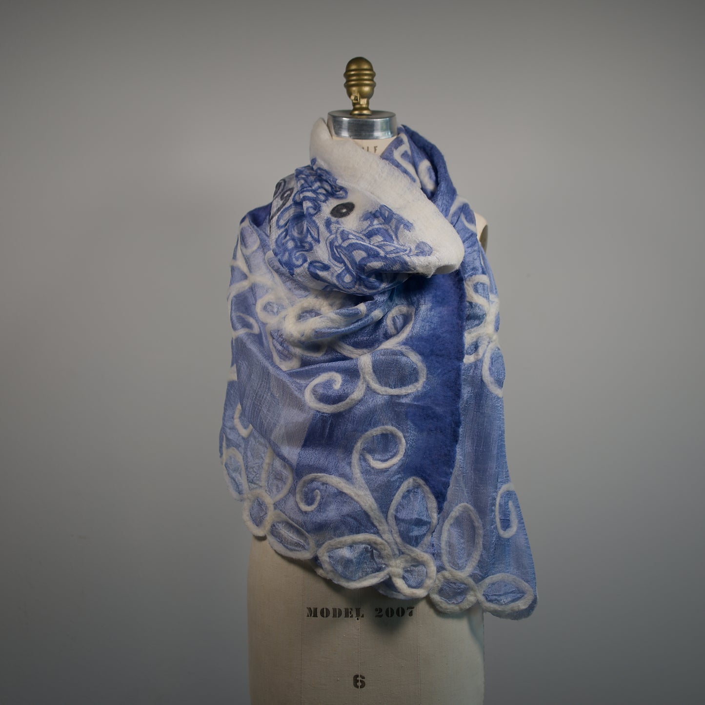 Blue and White Silk Shawl with Floral Wool Ornaments