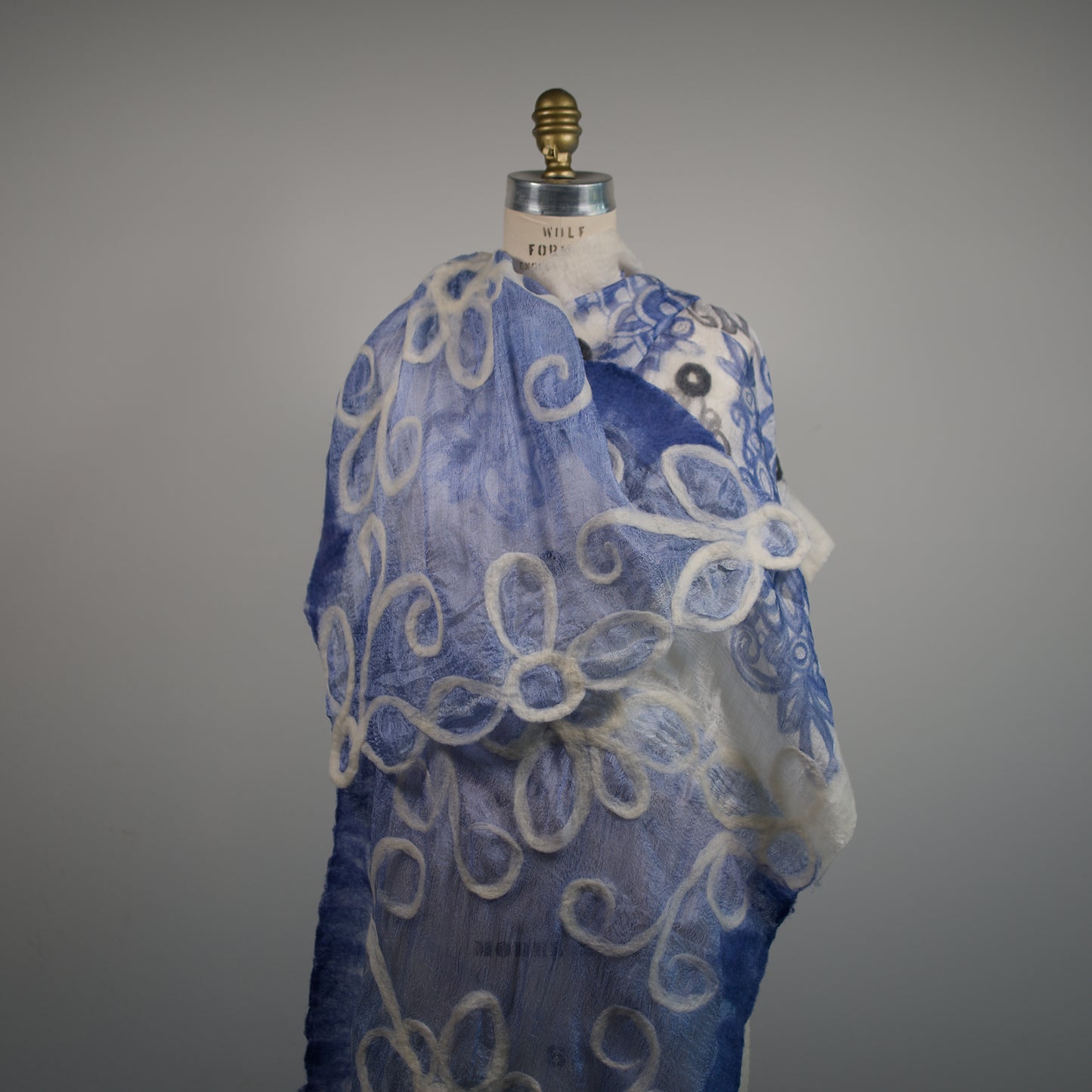 Blue and White Silk Shawl with Floral Wool Ornaments