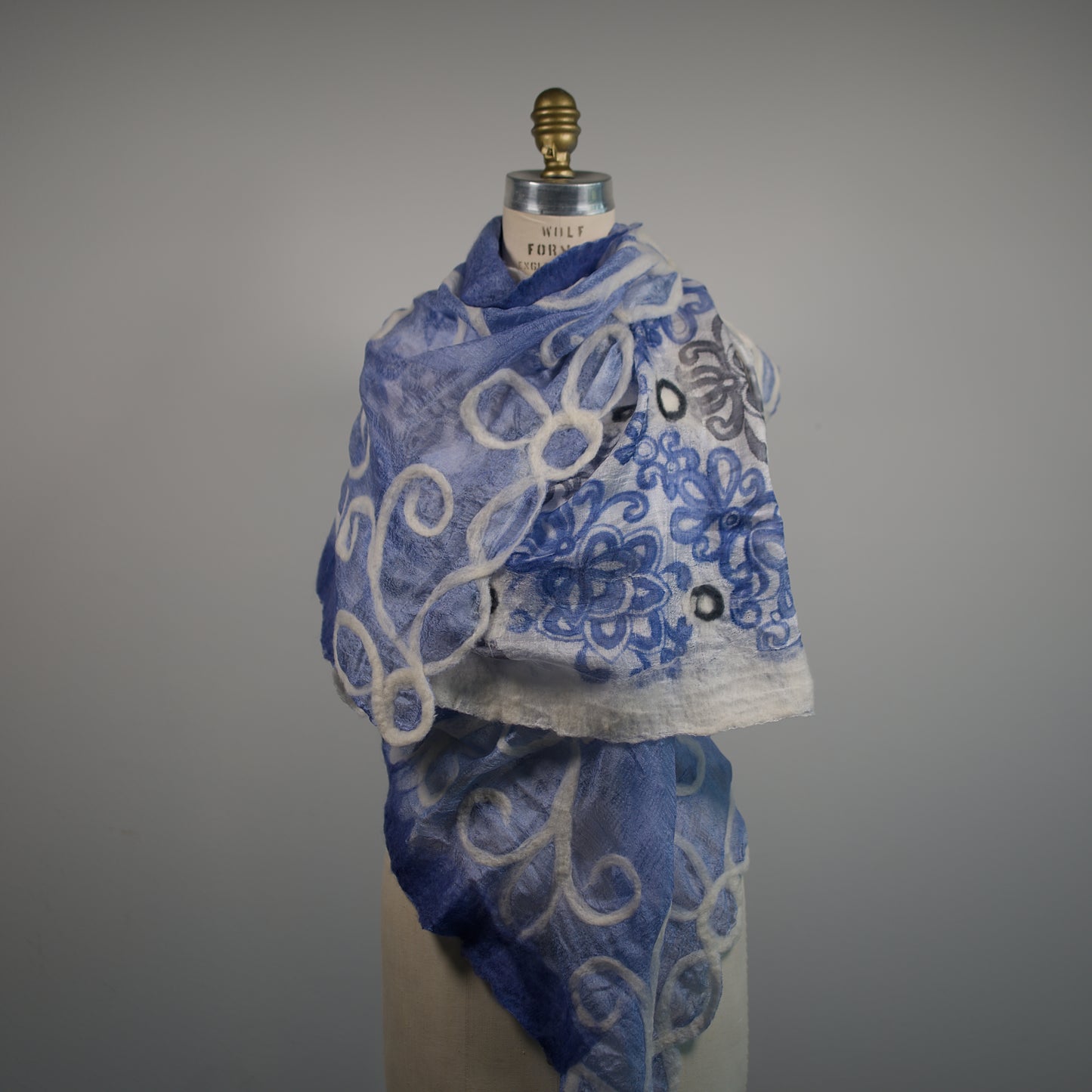 Blue and White Silk Shawl with Floral Wool Ornaments
