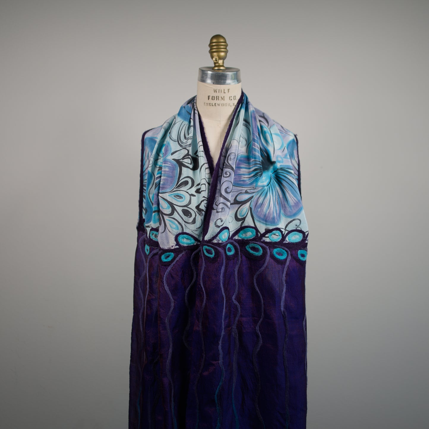 Purple and Blue Silk Shawl with Felt Embellishments
