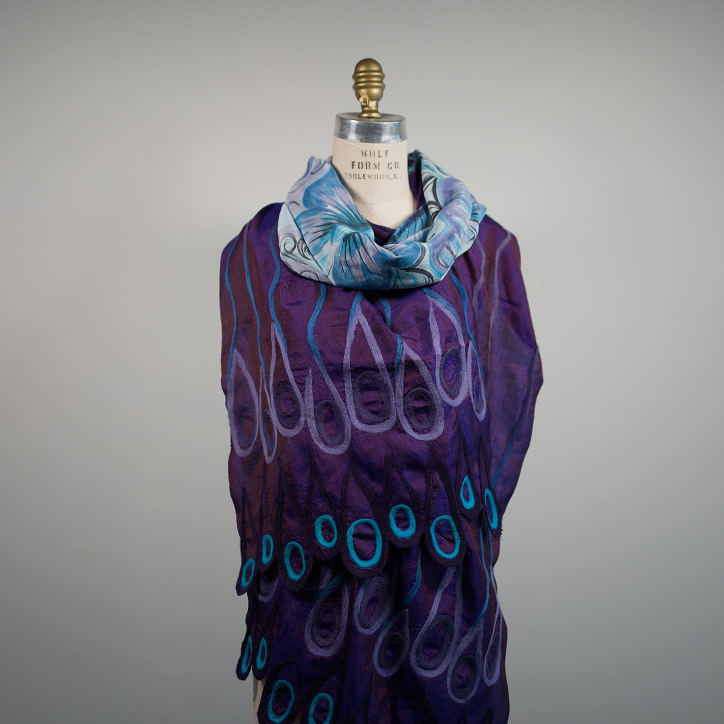 Purple and Blue Silk Shawl with Felt Embellishments