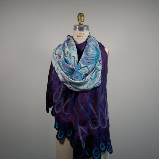 Purple and Blue Silk Shawl with Felt Embellishments