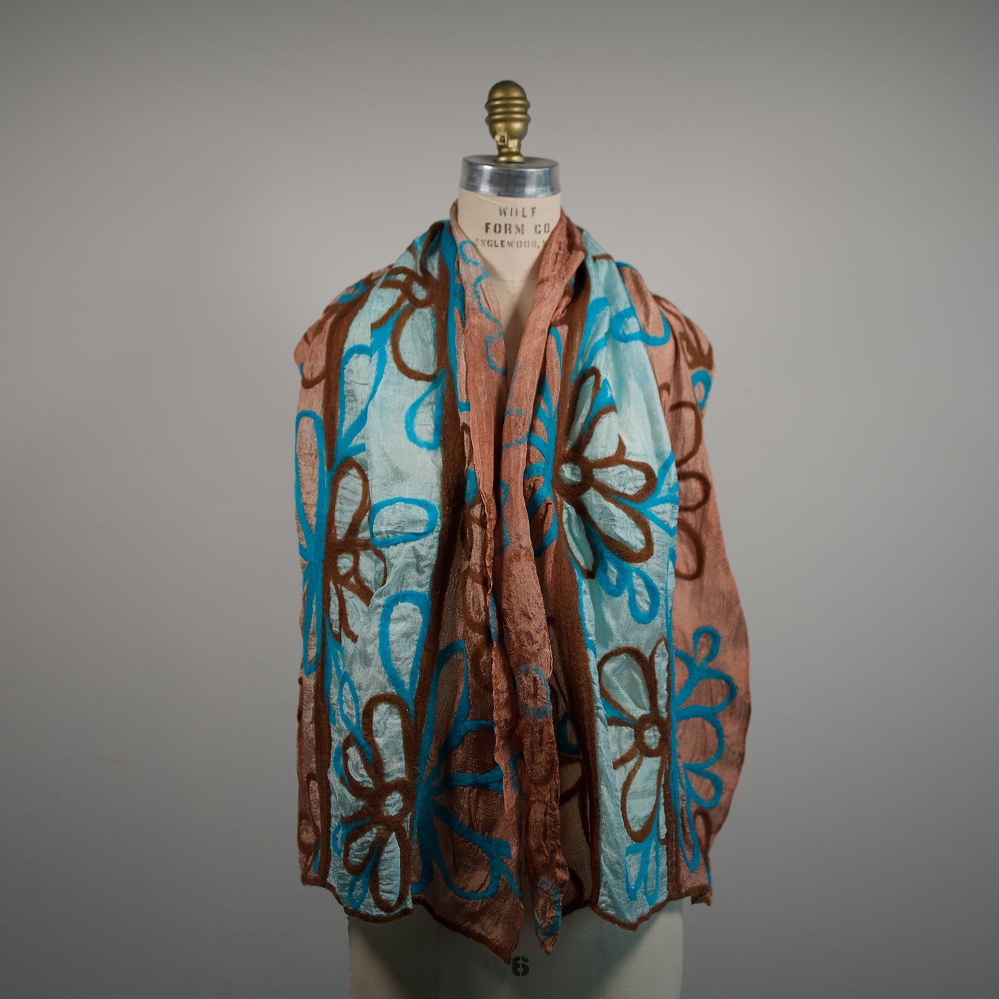 Blue and Beige Silk Scarf with Felt Pattern