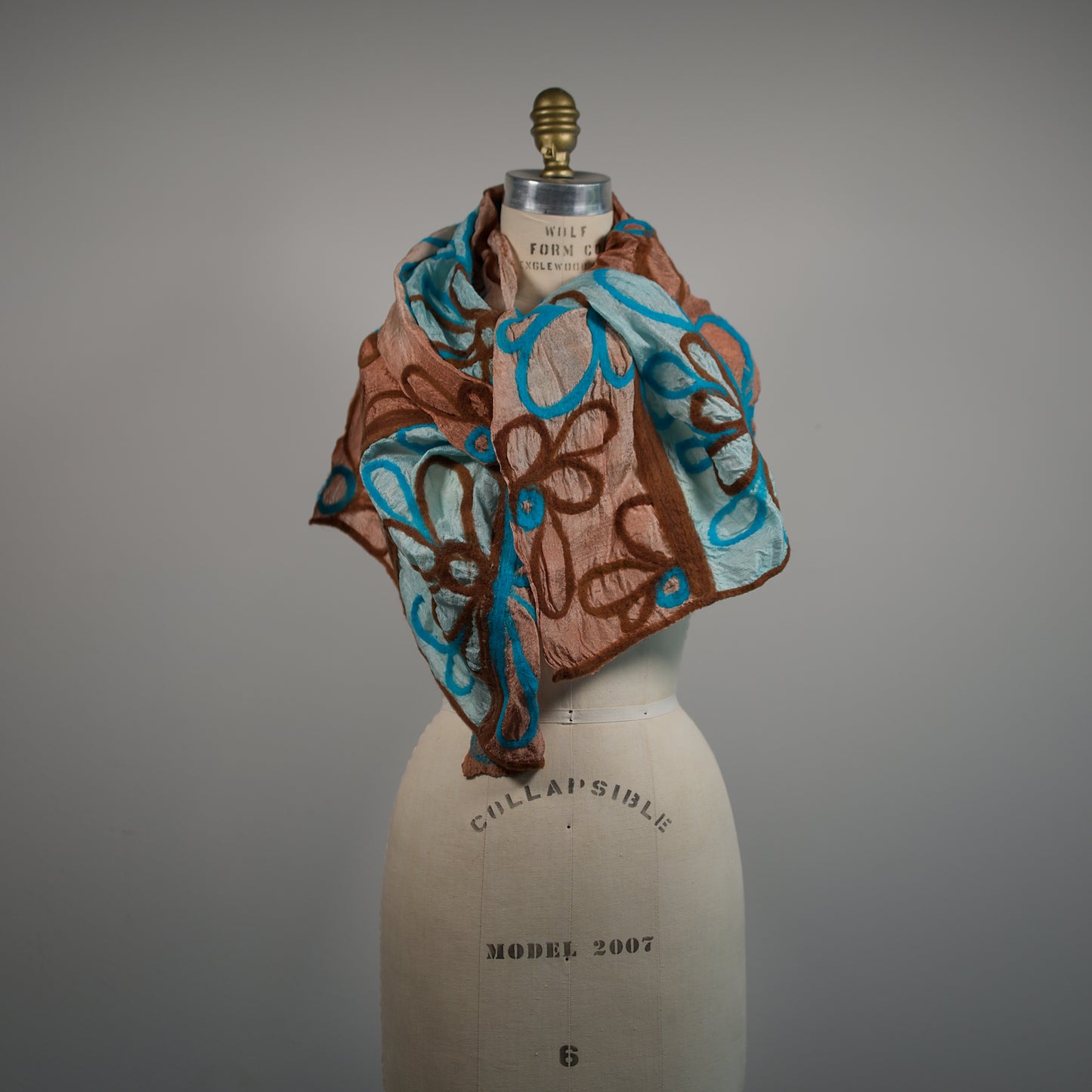 Blue and Beige Silk Scarf with Felt Pattern