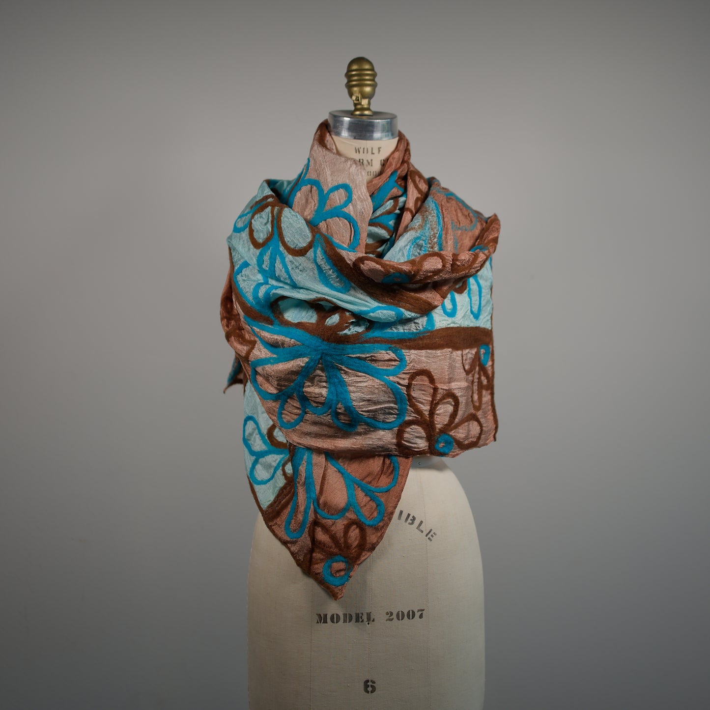 Blue and Beige Silk Scarf with Felt Pattern