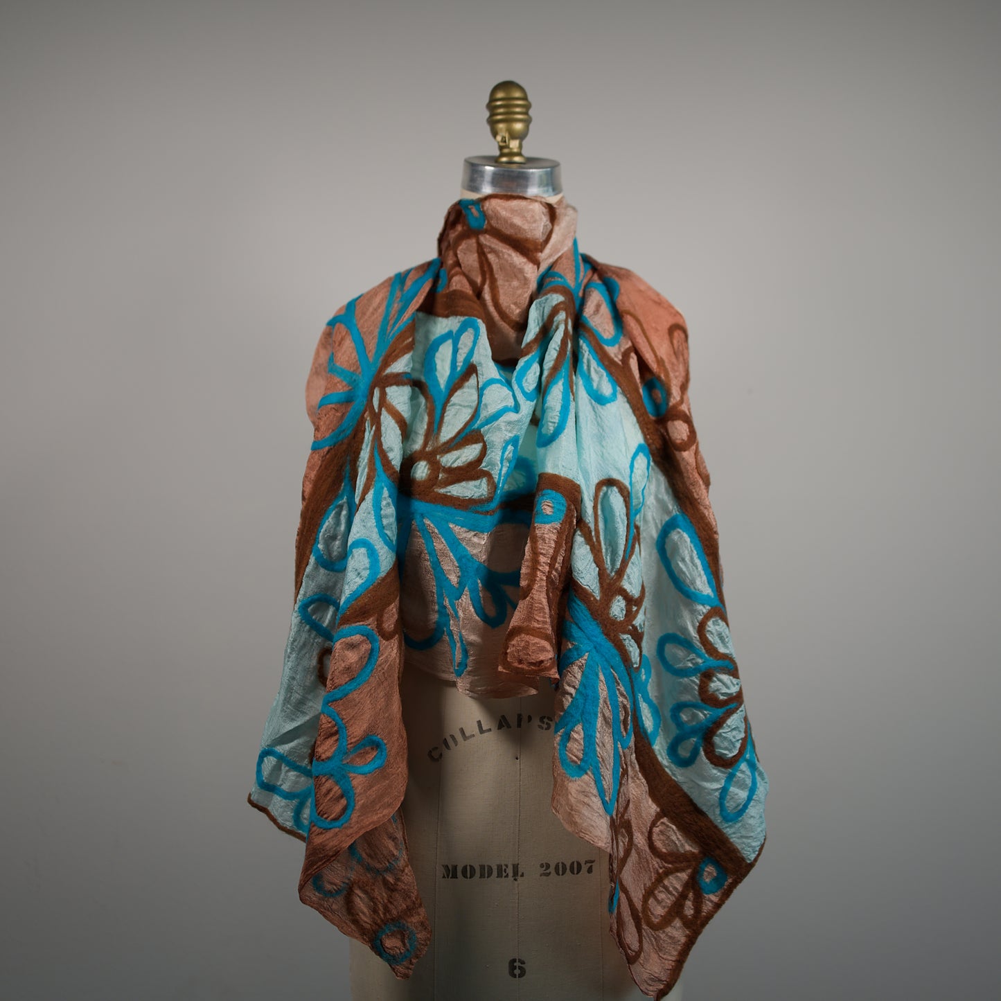 Blue and Beige Silk Scarf with Felt Pattern