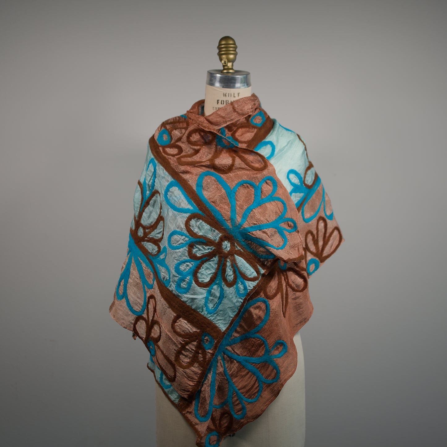 Blue and Beige Silk Scarf with Felt Pattern