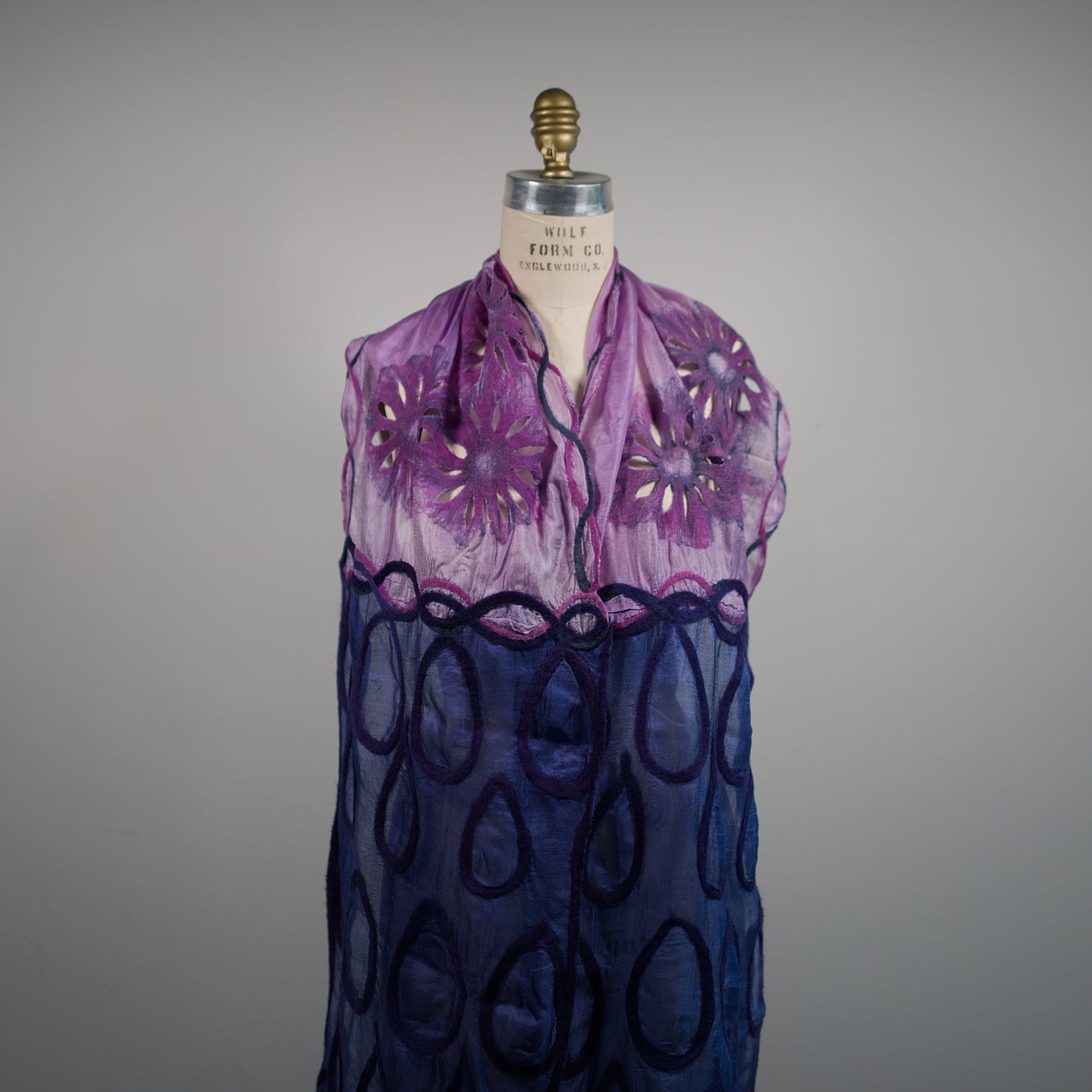 Blue and Purple Silk Scarf with Felt Ornaments