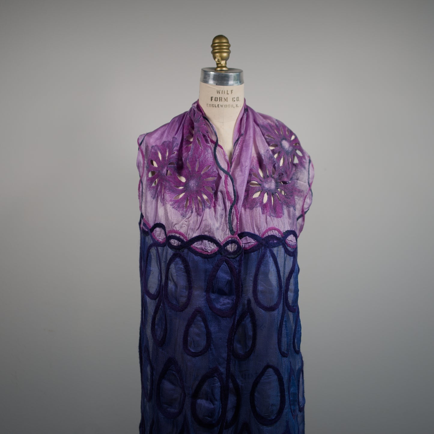 Blue and Purple Silk Scarf with Felt Ornaments