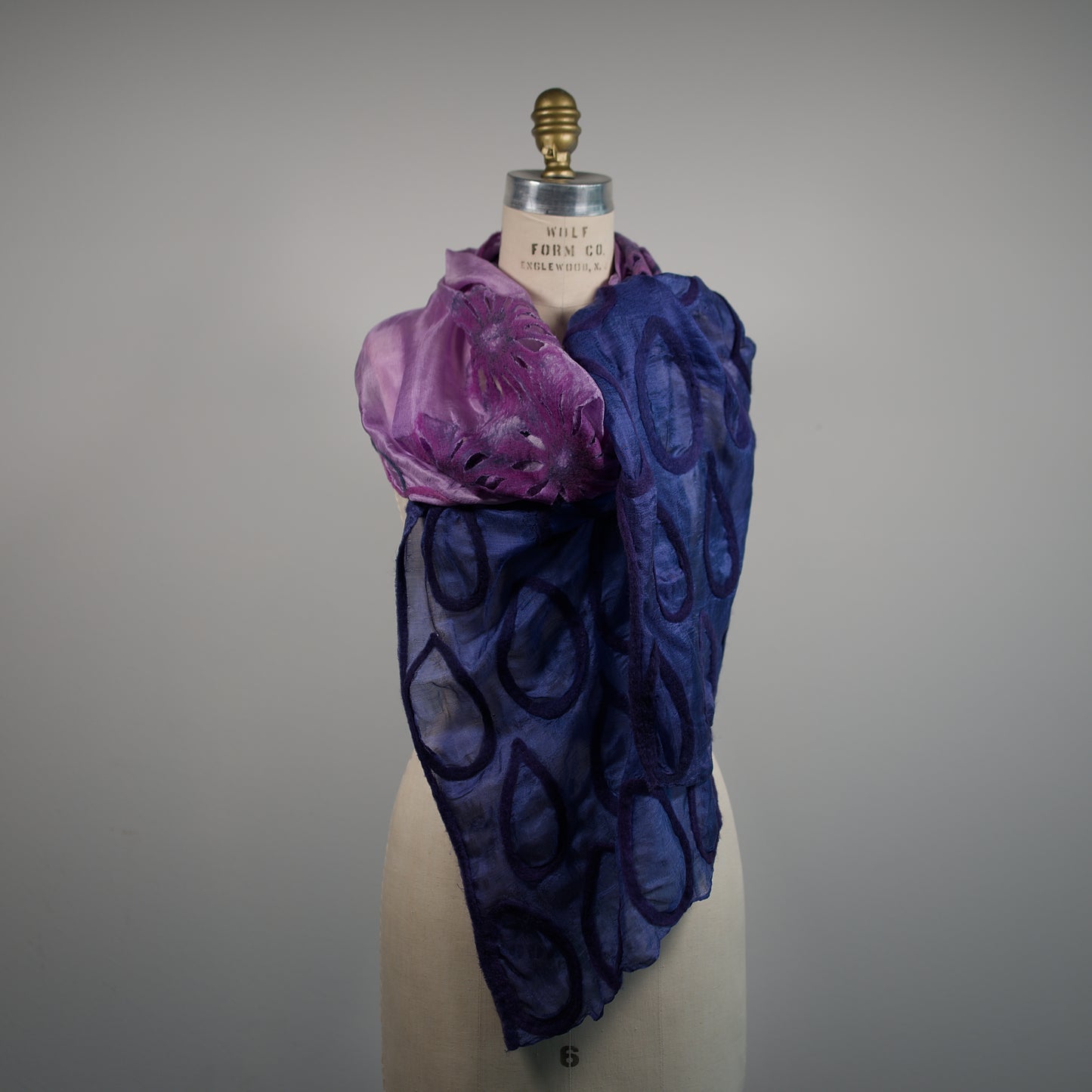 Blue and Purple Silk Scarf with Felt Ornaments