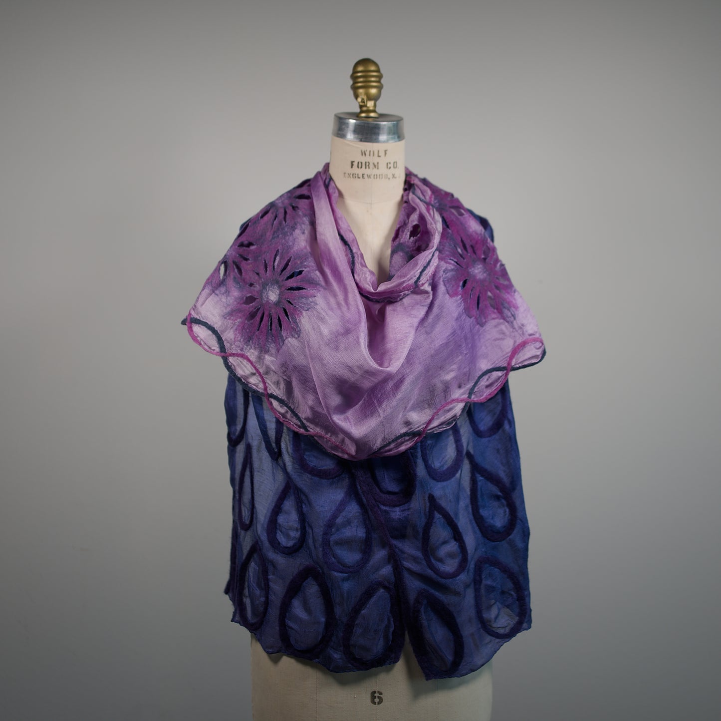 Blue and Purple Silk Scarf with Felt Ornaments