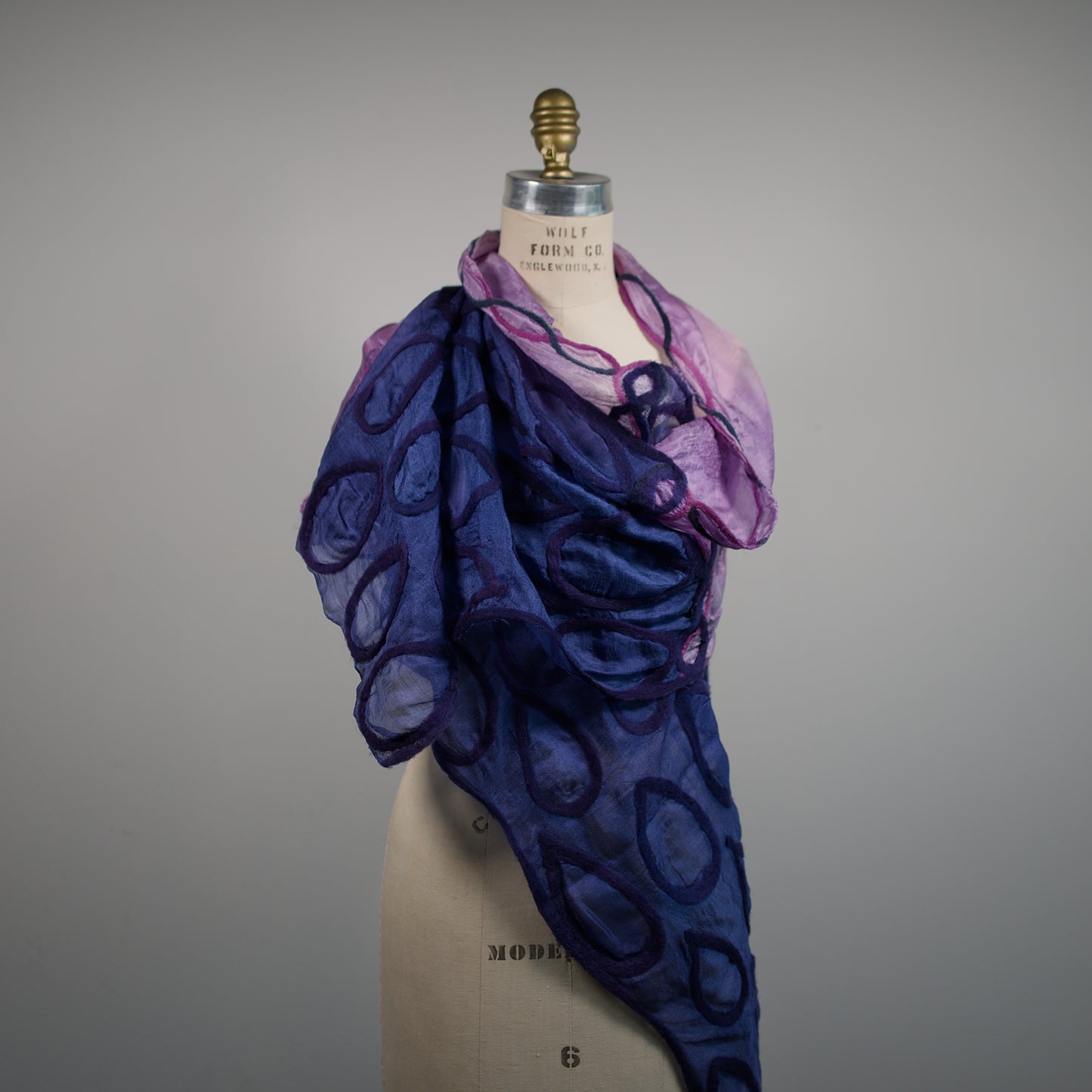 Blue and Purple Silk Scarf with Felt Ornaments
