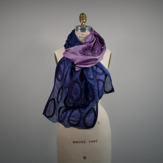 Blue and Purple Silk Scarf with Felt Ornaments