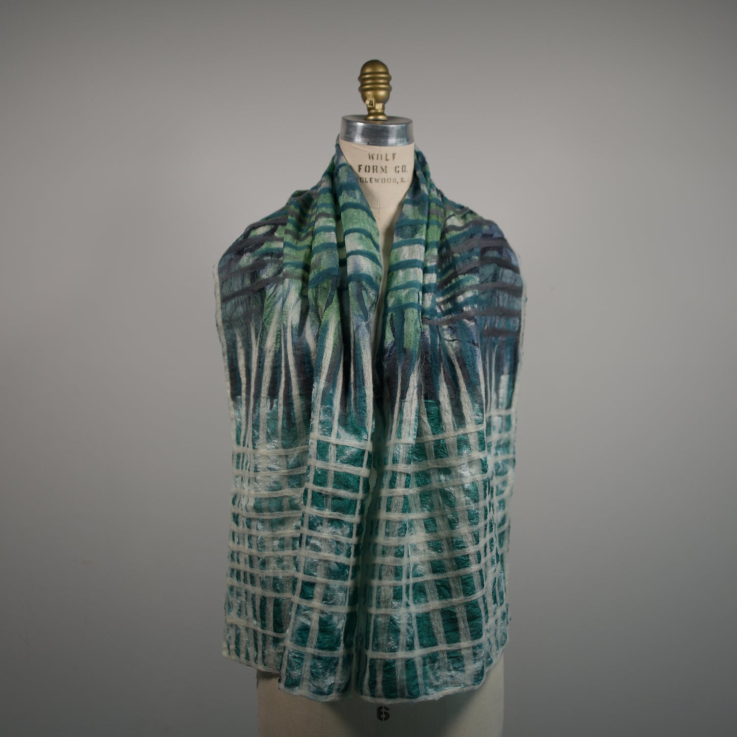 Green and White Silk Scarf with Geometric Felt Ornaments
