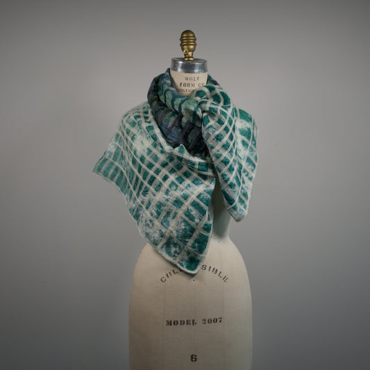 Green and White Silk Scarf with Geometric Felt Ornaments