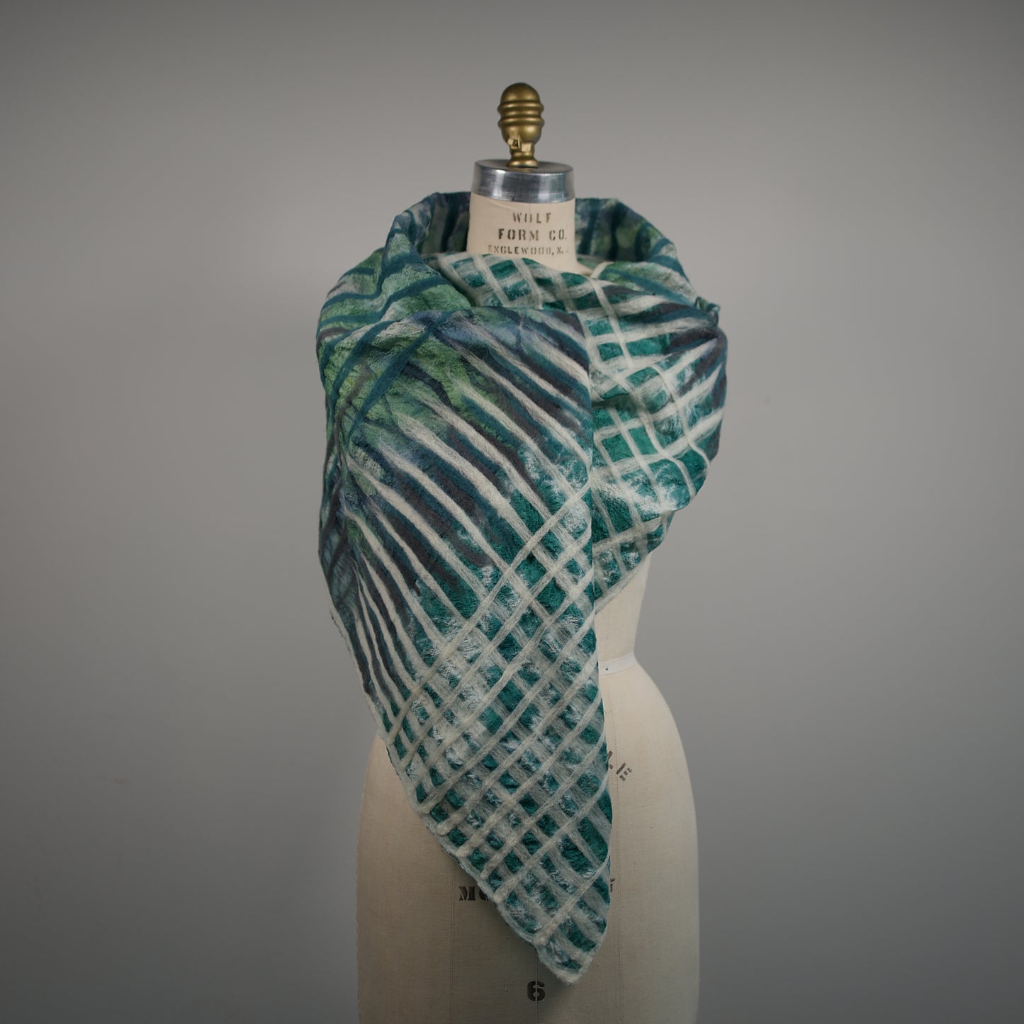Green and White Silk Scarf with Geometric Felt Ornaments