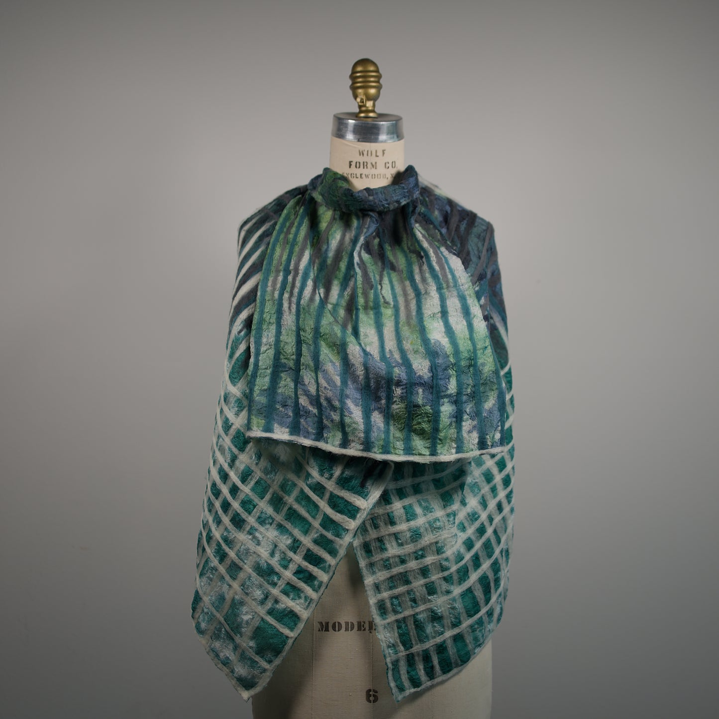 Green and White Silk Scarf with Geometric Felt Ornaments