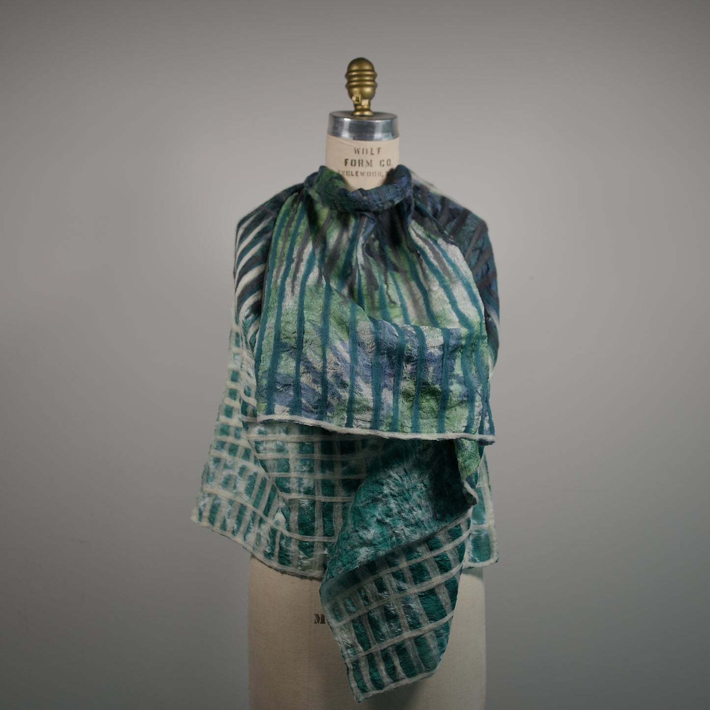 Green and White Silk Scarf with Geometric Felt Ornaments