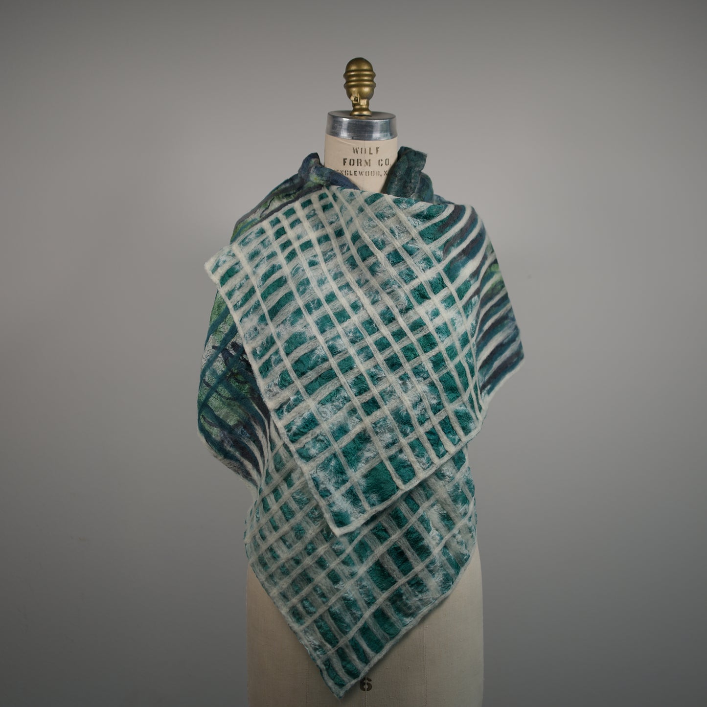 Green and White Silk Scarf with Geometric Felt Ornaments