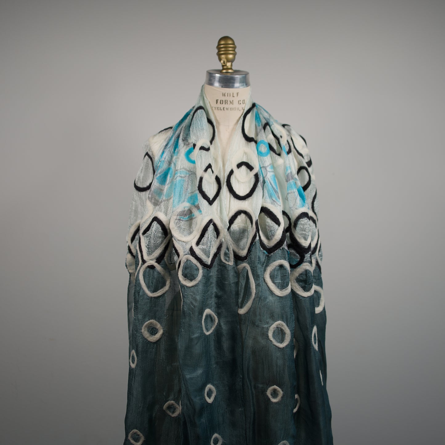 Gray and White Silk Shawl with Geometric Felt Ornaments