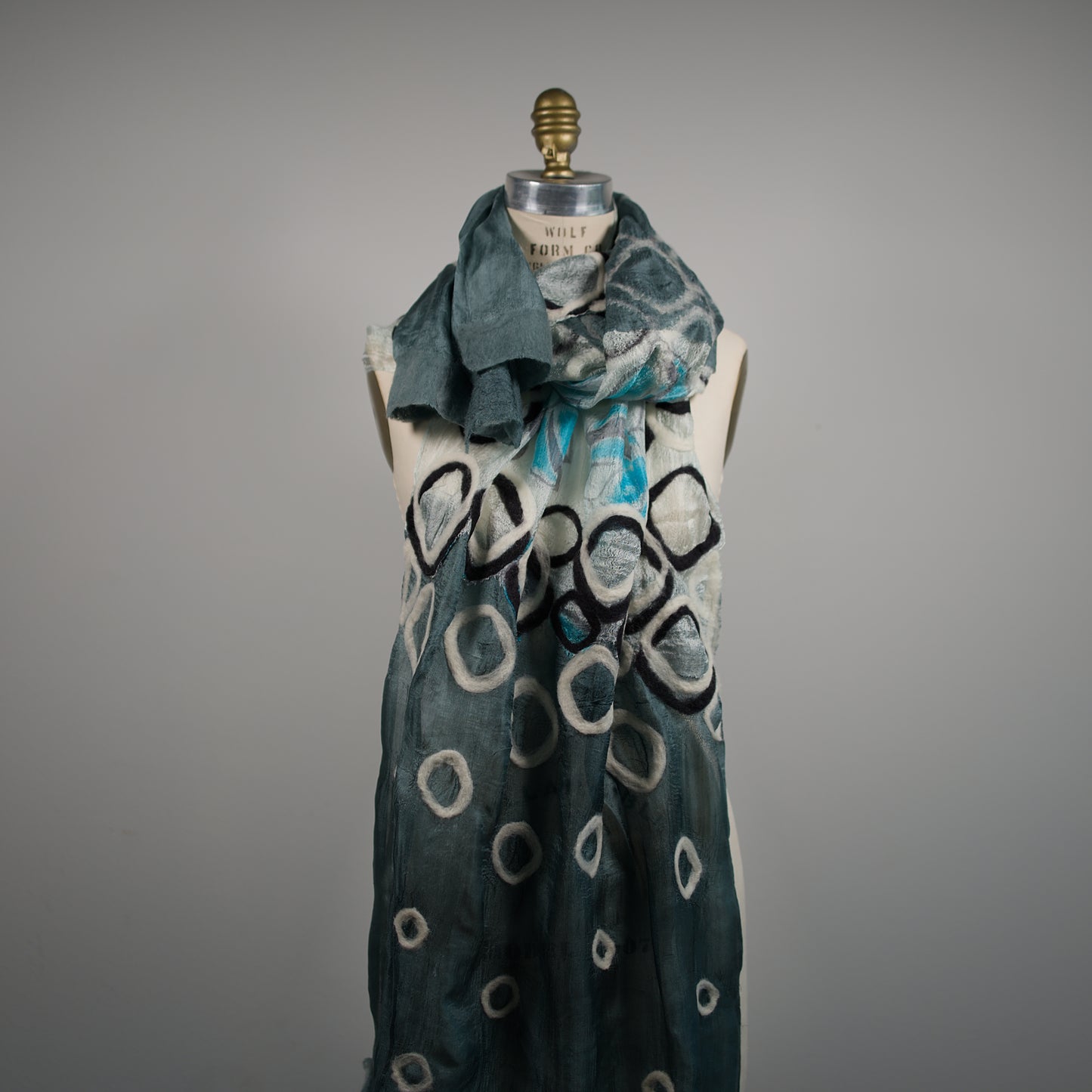 Gray and White Silk Shawl with Geometric Felt Ornaments