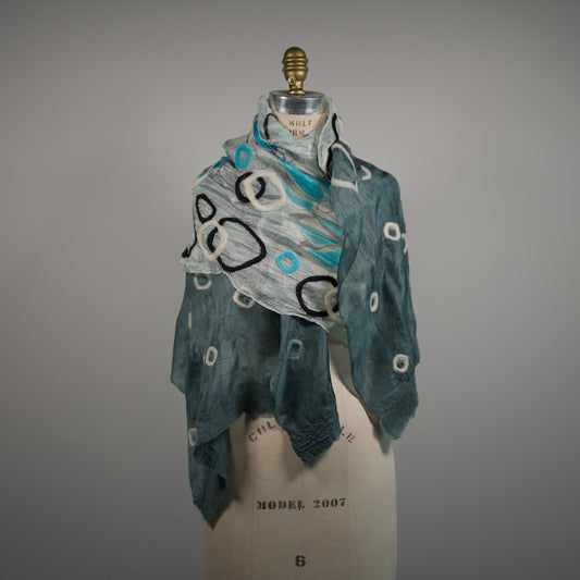 Gray and White Silk Shawl with Geometric Felt Ornaments