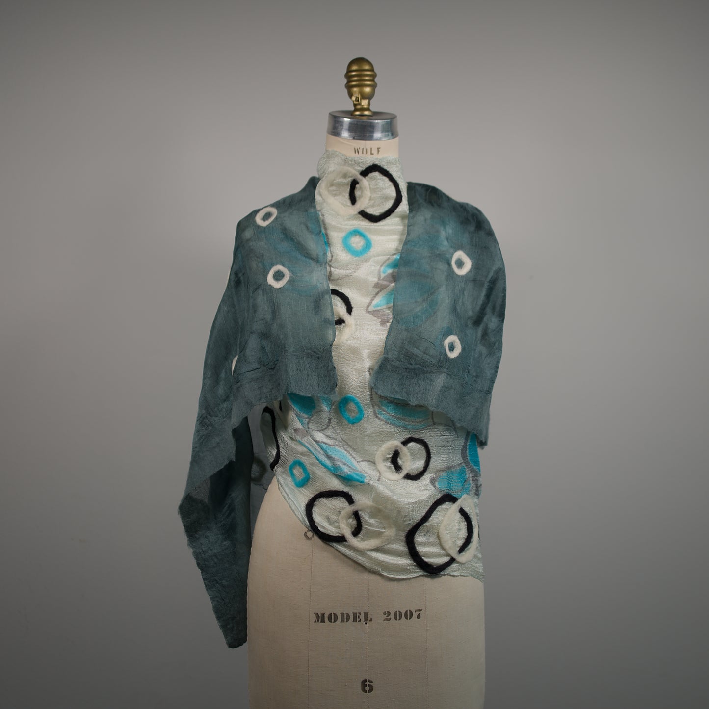 Gray and White Silk Shawl with Geometric Felt Ornaments