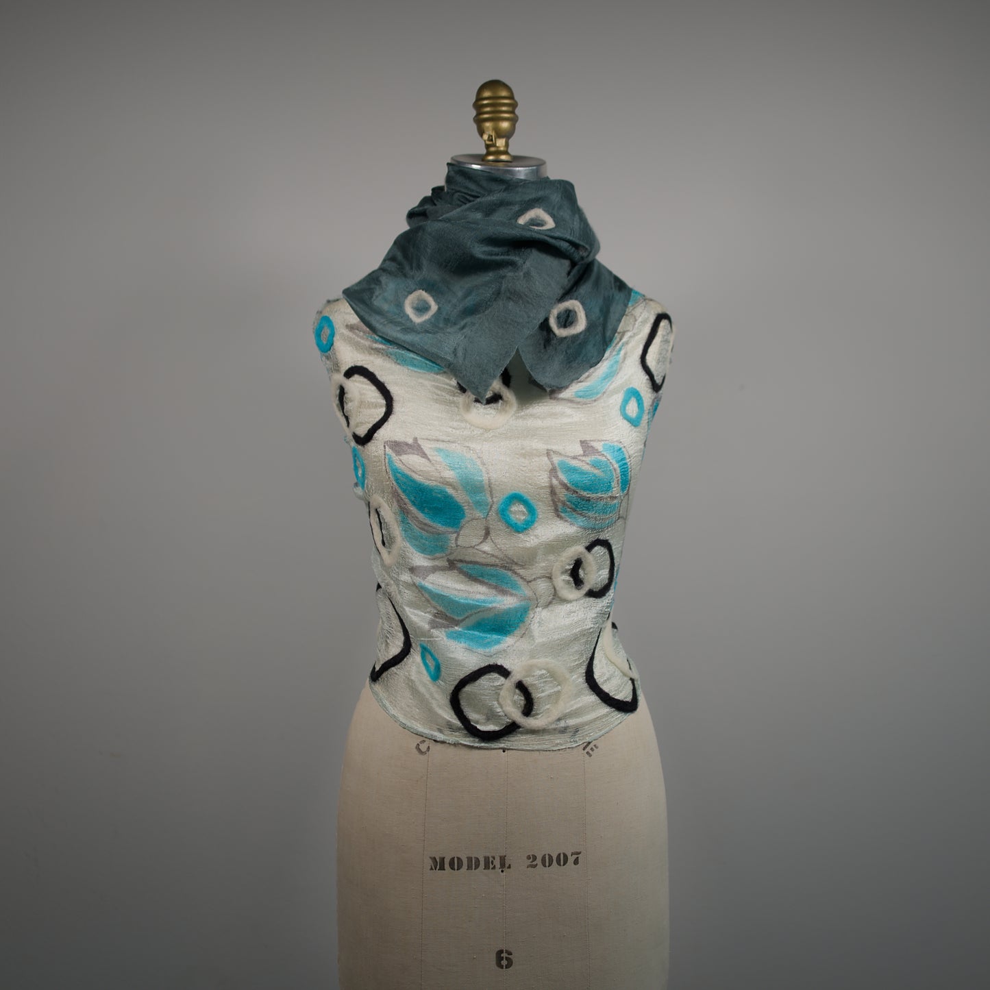 Gray and White Silk Shawl with Geometric Felt Ornaments