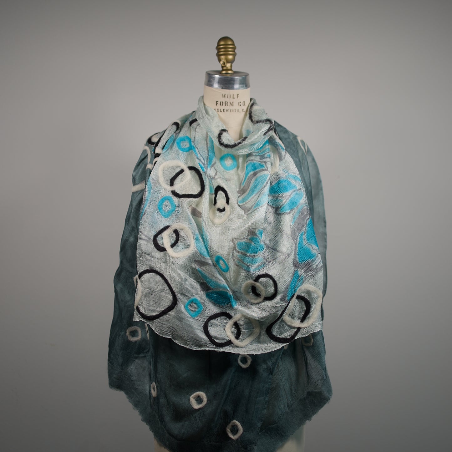 Gray and White Silk Shawl with Geometric Felt Ornaments