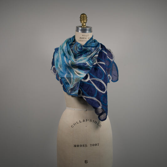 Blue Silk Scarf with Floral Felt Ornaments