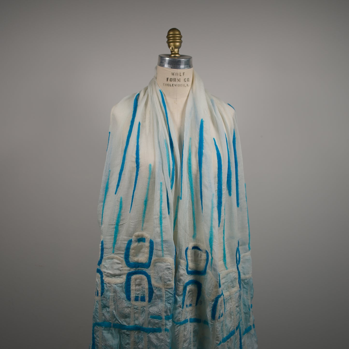 Cyan and White Silk Shawl with Geometric Wool Pattern