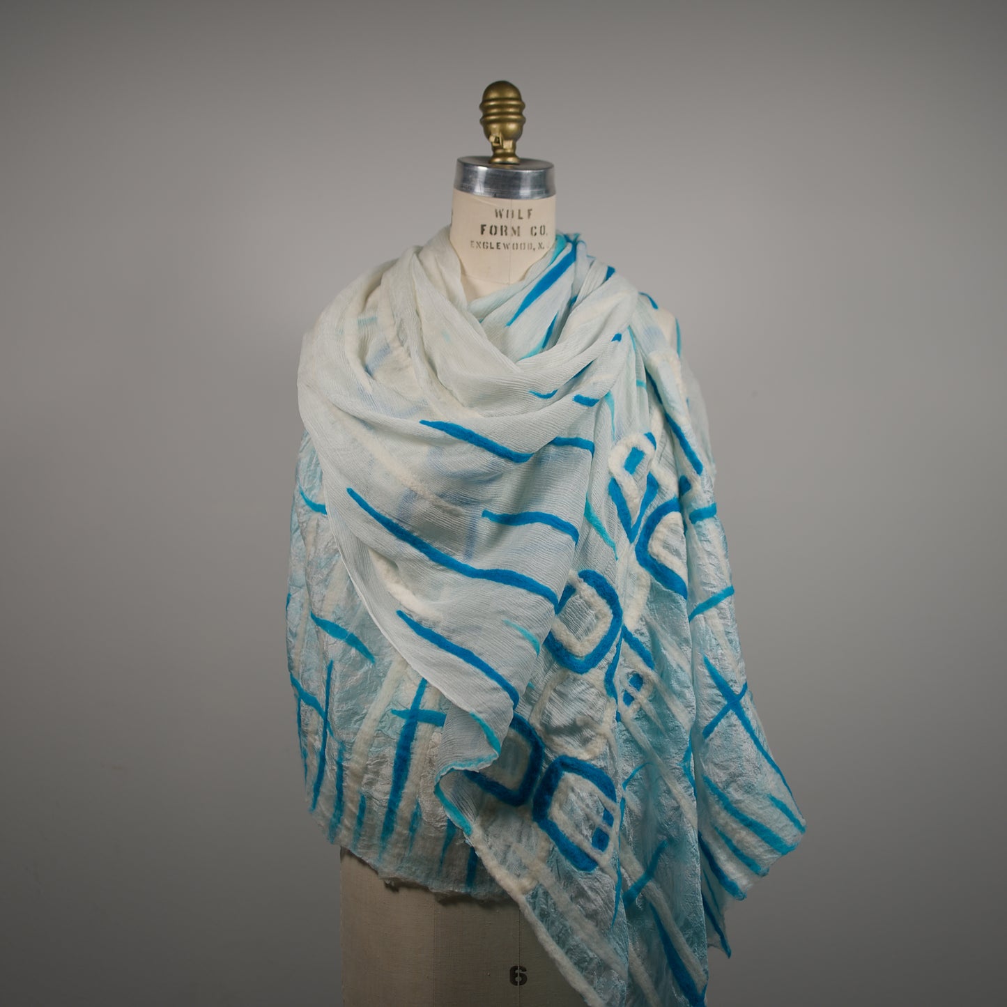 Cyan and White Silk Shawl with Geometric Wool Pattern