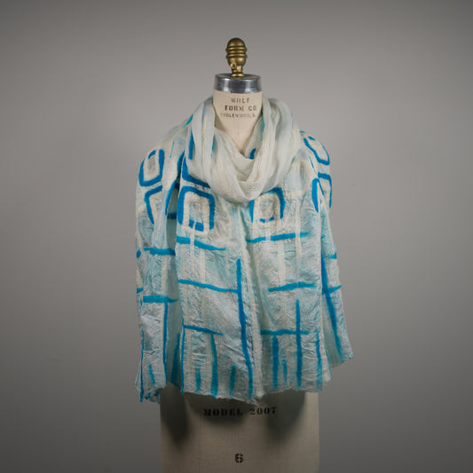 Cyan and White Silk Shawl with Geometric Wool Pattern