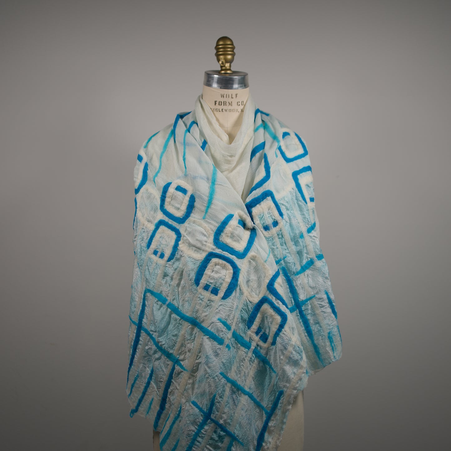 Cyan and White Silk Shawl with Geometric Wool Pattern