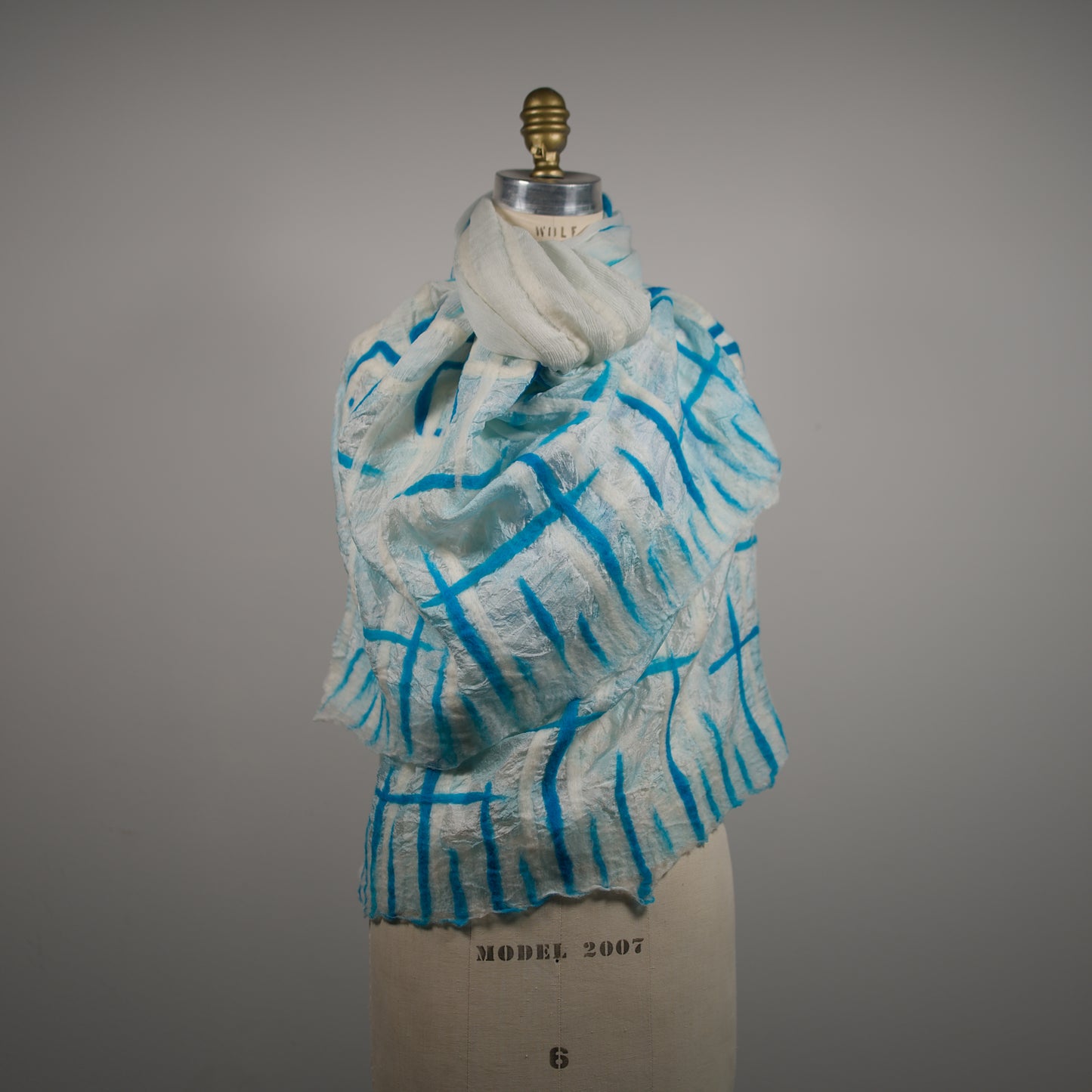 Cyan and White Silk Shawl with Geometric Wool Pattern