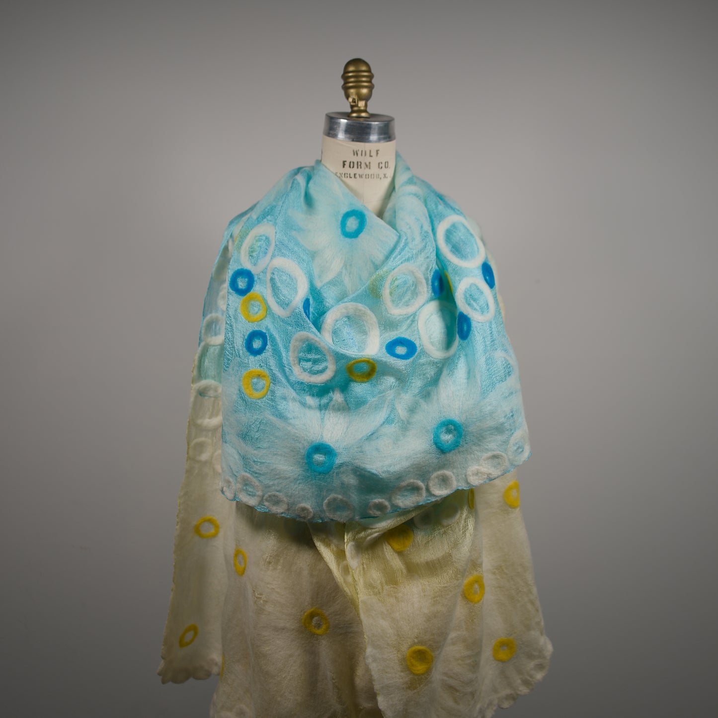 Blue and Yellow Silk Scarf with Geometric Wool Pattern