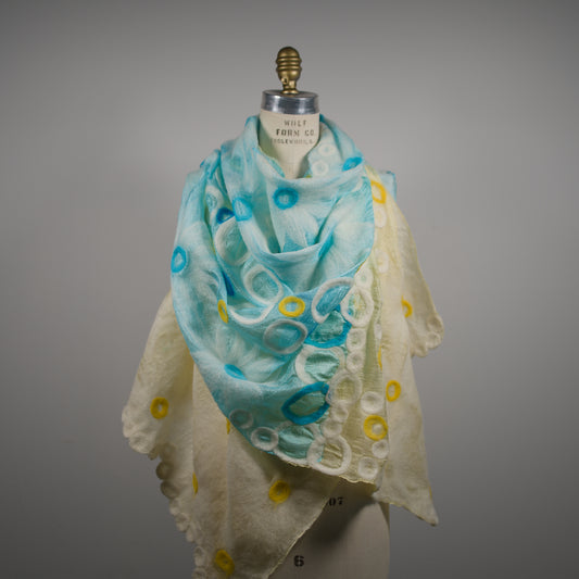 Blue and Yellow Silk Scarf with Geometric Wool Pattern
