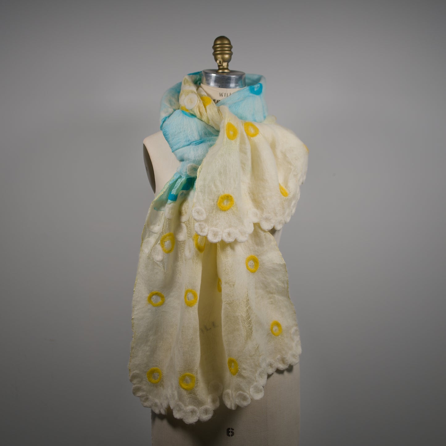 Blue and Yellow Silk Scarf with Geometric Wool Pattern