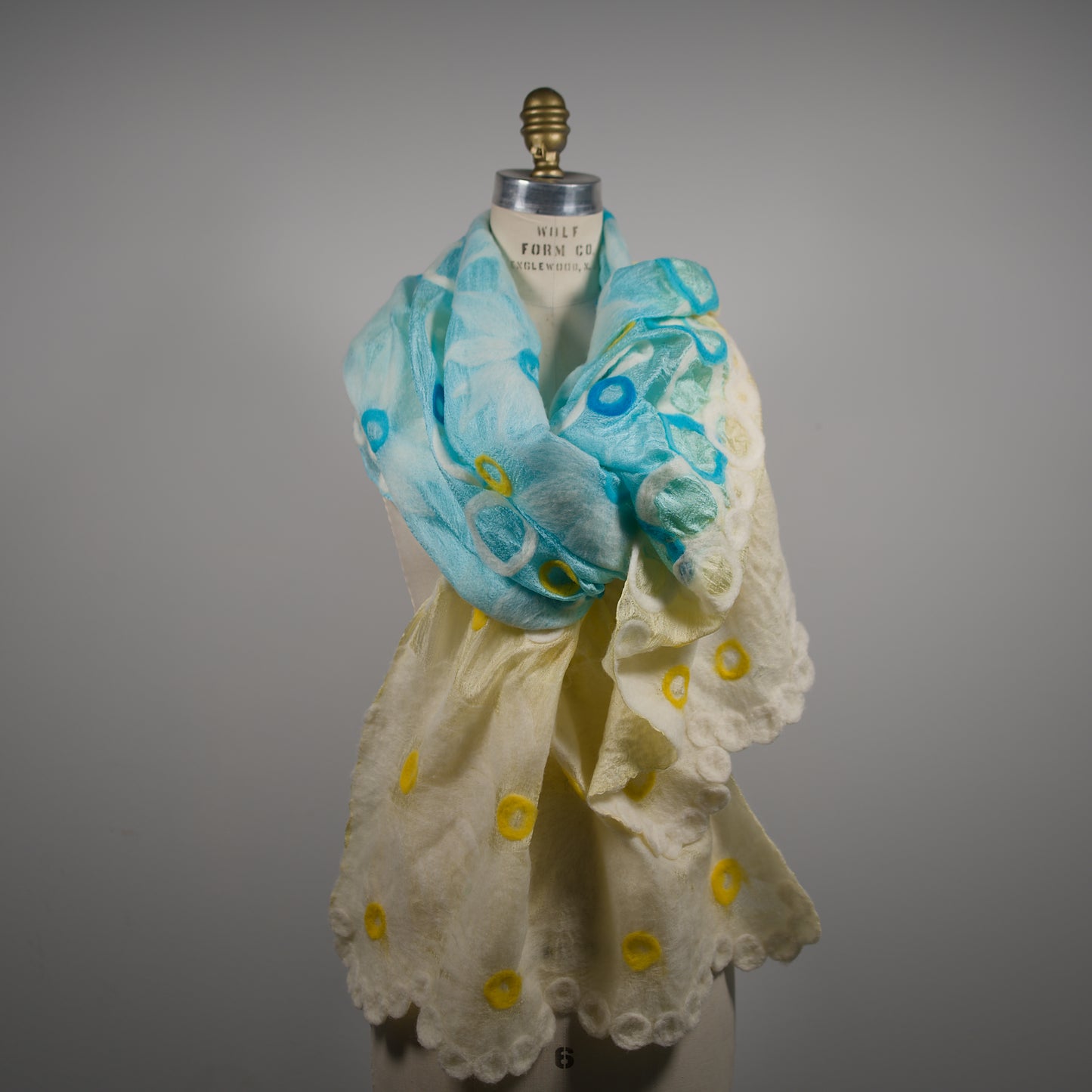 Blue and Yellow Silk Scarf with Geometric Wool Pattern